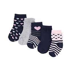 Cute Walk by Babyhug Knit Anti-Bacterial Ankle Length Striped Socks With Heart Design Pack of 5 - Grey & Black