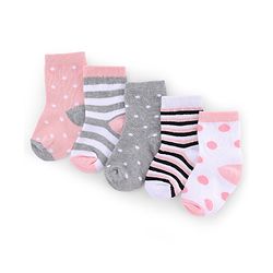 Cute Walk by Babyhug Knit Anti-Bacterial Ankle Length Striped Socks With Polka Dot Design Pack of 5 - Grey, White & Pink