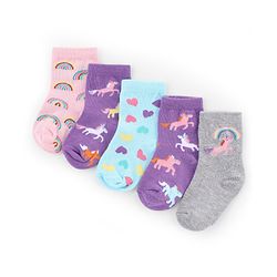 Cute Walk by Babyhug Knit Anti-Bacterial Ankle Length  Socks With Unicorn, Hearts & Rainbow Design Pack of 5 - Purple, Light Blue & Pink