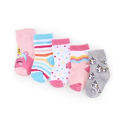Cute Walk by Babyhug Knit Anti-Bacterial Ankle Length Striped Socks With Polka Dot & Unicorn Design Pack of 5 - Pink, White & Grey