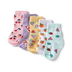 Cute Walk by Babyhug Knit Anti-Bacterial Ankle Length Socks With Fruit Design Pack of 5 - Pink, White & Lilac