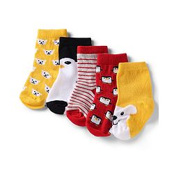 Cute Walk by Babyhug Knit Anti-Bacterial Ankle Length Striped Socks With Teddy Bear & Penguin Design Pack of 5 - Yellow, Red & Black
