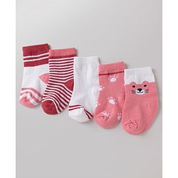 Cute Walk By Babyhug Poly Blends Knit Anti Bacterial Ankle Length Striped Socks With Paw Desgin Pack of 5 - Red, Dark Pink & White