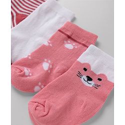 Cute Walk By Babyhug Poly Blends Knit Anti Bacterial Ankle Length Striped Socks With Paw Desgin Pack of 5 - Red, Dark Pink & White