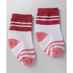 Cute Walk By Babyhug Poly Blends Knit Anti Bacterial Ankle Length Striped Socks With Paw Desgin Pack of 5 - Red, Dark Pink & White