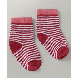Cute Walk By Babyhug Poly Blends Knit Anti Bacterial Ankle Length Striped Socks With Paw Desgin Pack of 5 - Red, Dark Pink & White