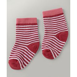 Cute Walk By Babyhug Poly Blends Knit Anti Bacterial Ankle Length Striped Socks With Paw Desgin Pack of 5 - Red, Dark Pink & White
