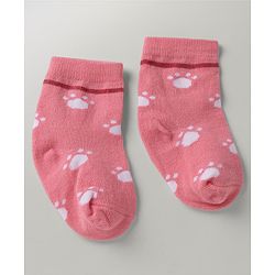 Cute Walk By Babyhug Poly Blends Knit Anti Bacterial Ankle Length Striped Socks With Paw Desgin Pack of 5 - Red, Dark Pink & White
