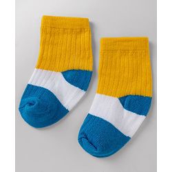 Cute Walk By Babyhug Poly Blends Knit Anti Bacterial Ankle Length Embroided Striped Socks Pack of 5 - Yellow, Blue & White