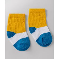 Cute Walk By Babyhug Poly Blends Knit Anti Bacterial Ankle Length Embroided Striped Socks Pack of 5 - Yellow, Blue & White