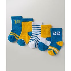 Cute Walk By Babyhug Poly Blends Knit Anti Bacterial Ankle Length Embroided Striped Socks Pack of 5 - Yellow, Blue & White