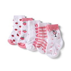 Cute Walk by Babyhug Knit Anti-Bacterial Ankle Length Striped Socks With Strawberry & Floral Design Pack of 5 - Pink & White
