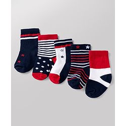 Cute Walk By Babyhug Poly Blends Knit Anti Bacterial Ankle Length Striped Socks With Paw Design Pack of 5 - Red, Dark Pink & White