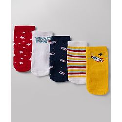 Cute Walk By Babyhug Anti-Bacterial Ankle Length Striped Socks with Space & Text Design Pack of 5  - Red White Black Yellow