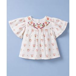 Babyhug Rayon Woven Top with Half Sleeves and Floral Embroidery - Offwhite
