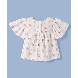Babyhug Rayon Woven Top with Half Sleeves and Floral Embroidery - Offwhite