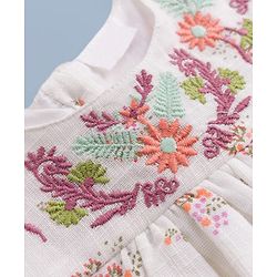 Babyhug Rayon Woven Top with Half Sleeves and Floral Embroidery - Offwhite