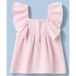 Babyhug 100% Cotton Woven Flutter Sleeves Top With Floral Applique - Pink
