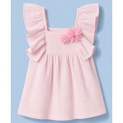 Babyhug 100% Cotton Woven Flutter Sleeves Top With Floral Applique - Pink