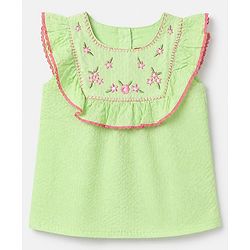 Babyhug 100% Cotton Woven Top with Half Sleeves and Floral Embroidery - Light Green