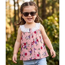 Babyhug Rayon Woven Sleeveless Floral Printed Top with Lace Detailing - Pink