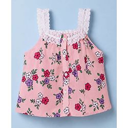 Babyhug Rayon Woven Sleeveless Floral Printed Top with Lace Detailing - Pink