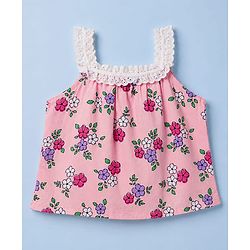 Babyhug Rayon Woven Sleeveless Floral Printed Top with Lace Detailing - Pink
