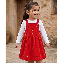 Babyhug Corduroy Woven Full Sleeves T-Shirt With Floral Embroidered Frock - Rust Orange