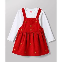 Babyhug Corduroy Woven Full Sleeves T-Shirt With Floral Embroidered Frock - Rust Orange