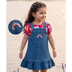 Babyhug Denim Woven Half Sleeves Animal Printed Frock With Inner Tee - Blue