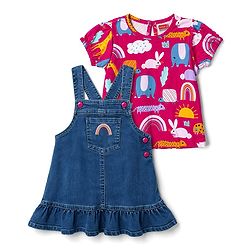 Babyhug Denim Woven Half Sleeves Animal Printed Frock With Inner Tee - Blue