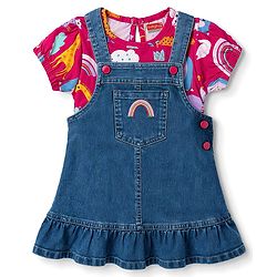Babyhug Denim Woven Half Sleeves Animal Printed Frock With Inner Tee - Blue