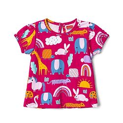 Babyhug Denim Woven Half Sleeves Animal Printed Frock With Inner Tee - Blue