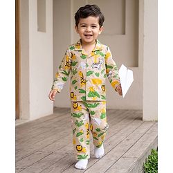 Babyhug Cotton Knit Full Sleeves Front Open Co-Ords Animals Printed Shirt & Pajama Night Suit - Beige