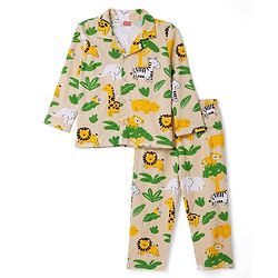 Babyhug Cotton Knit Full Sleeves Front Open Co-Ords Animals Printed Shirt & Pajama Night Suit - Beige