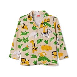 Babyhug Cotton Knit Full Sleeves Front Open Co-Ords Animals Printed Shirt & Pajama Night Suit - Beige