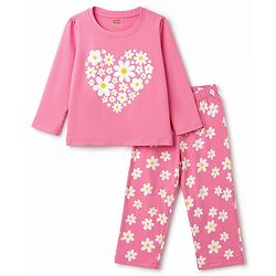 Babyhug 100% Cotton Knit Full Sleeves T-Shirts & Pajama Night Suit with Floral Print - Pink