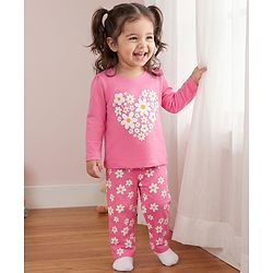 Babyhug 100% Cotton Knit Full Sleeves T-Shirts & Pajama Night Suit with Floral Print - Pink