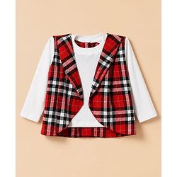 Babyhug 100% Cotton Lurex Woven Top with Full Sleeves and Checked Shrug - Red