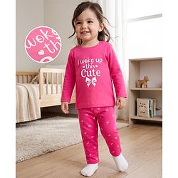 Babyhug 100% Cotton Knit Full Sleeves T-Shirt & Pyjama Night Suit with Bow & Text Print - Pink