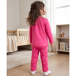 Babyhug 100% Cotton Knit Full Sleeves T-Shirt & Pyjama Night Suit with Bow & Text Print - Pink