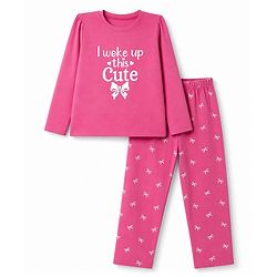Babyhug 100% Cotton Knit Full Sleeves T-Shirt & Pyjama Night Suit with Bow & Text Print - Pink