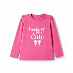 Babyhug 100% Cotton Knit Full Sleeves T-Shirt & Pyjama Night Suit with Bow & Text Print - Pink