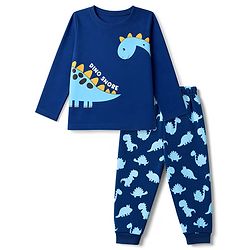 Babyhug 100% Cotton Knit Full Sleeves T-Shirt & Pyjama Night Suit with Dinosaur Print - Navy Blue