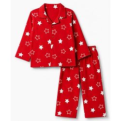 Babyhug Cotton Knit Full Sleeves Shirt & Pyjama Co-ords Night Suit With Star Print - Red