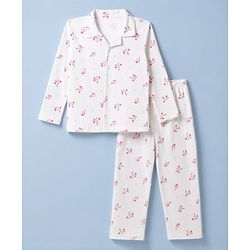 Babyhug 100% Cotton Knit Full Sleeves Co-Ords Front Open Shirt & Pyjama Night Suit with Floral Print - White