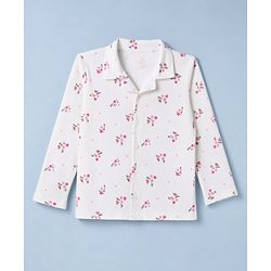 Babyhug 100% Cotton Knit Full Sleeves Co-Ords Front Open Shirt & Pyjama Night Suit with Floral Print - White