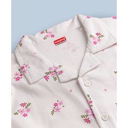 Babyhug 100% Cotton Knit Full Sleeves Co-Ords Front Open Shirt & Pyjama Night Suit with Floral Print - White