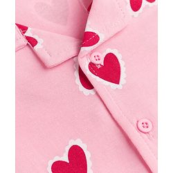 Babyhug Cotton Knit Full Sleeves Co-Ords Front Open Shirt & Pyjama Night Suit with Heart Print - Pink