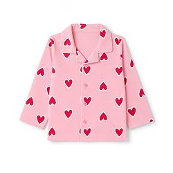 Babyhug Cotton Knit Full Sleeves Co-Ords Front Open Shirt & Pyjama Night Suit with Heart Print - Pink